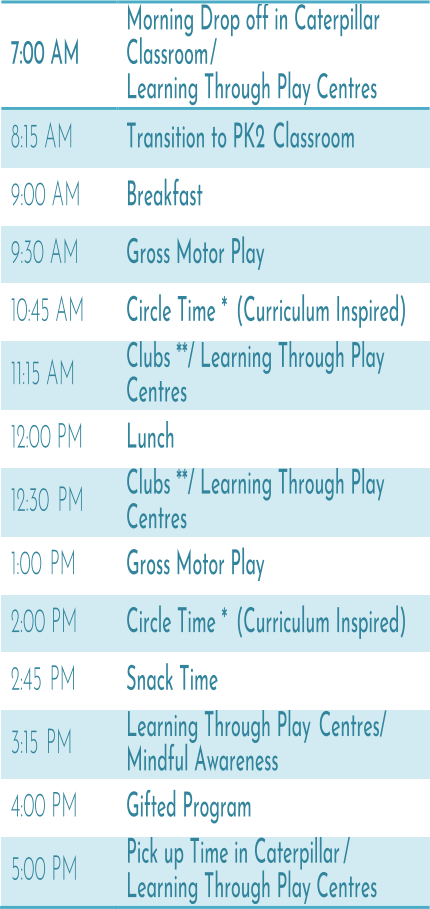 7:00 AM         Morning Drop off in Caterpillar  Classroom /   Learning Through Play Centres     8:15 AM            Transition to PK2   Classroom     9:00 AM        Breakfast     9:30 AM         Gross Motor Play       10:45 AM       Circle Time *   (Curriculum Inspired)     11:15 AM           Clubs **/ Learning Through Play  Centres       12:00 PM         Lunch    12:30   PM         Clubs **/ Learning Through Play  Centres     1:00   PM         Gross Motor Play     2:00 PM            Circle Time *   (Curriculum Inspired)     2:45   PM           Snack Time     3:15   PM            Learning Through Play   Centres/   Mindful Awareness       4:00 PM         Gifted Program     5:00 PM         Pick up Time in Caterpillar /   Learning Through Play Centres