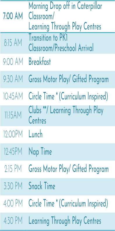7:00 AM   Morning Drop off    in Caterpillar  Classroom/ Learning Through Play Centres   8:15   AM   Transition to PK1  Classroom/Preschool Arrival   9:00 AM   Breakfast   9:30 AM   Gross Motor Play/ Gifted Program   10:45 AM   Circle Time *   (Curriculum Inspired)   11:15 AM   Clubs **/ Learning Through Play  Centres   12:00 PM   Lunch   12:45 PM   Nap Time   2:15 PM   Gross Motor Play/ Gifted Program   3:30 PM   Snack Time   4:00 PM   Circle Time *   (Curriculum Inspired)   4:30   PM   Learning Through Play Centres