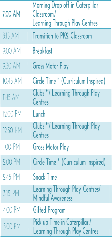 7:00 AM         Morning Drop off in Caterpillar  Classroom /   Learning Through Play Centres     8:15 AM            Transition to PK2   Classroom     9:00 AM        Breakfast     9:30 AM         Gross Motor Play       10:45 AM       Circle Time *   (Curriculum Inspired)     11:15 AM           Clubs **/ Learning Through Play  Centres       12:00 PM         Lunch    12:30   PM         Clubs **/ Learning Through Play  Centres     1:00   PM         Gross Motor Play     2:00 PM            Circle Time *   (Curriculum Inspired)     2:45   PM           Snack Time     3:15   PM            Learning Through Play   Centres/   Mindful Awareness       4:00 PM         Gifted Program     5:00 PM         Pick up Time in Caterpillar /   Learning Through Play Centres