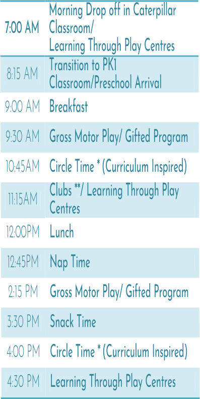 7:00 AM   Morning Drop off    in Caterpillar  Classroom/ Learning Through Play Centres   8:15   AM   Transition to PK1  Classroom/Preschool Arrival   9:00 AM   Breakfast   9:30 AM   Gross Motor Play/ Gifted Program   10:45 AM   Circle Time *   (Curriculum Inspired)   11:15 AM   Clubs **/ Learning Through Play  Centres   12:00 PM   Lunch   12:45 PM   Nap Time   2:15 PM   Gross Motor Play/ Gifted Program   3:30 PM   Snack Time   4:00 PM   Circle Time *   (Curriculum Inspired)   4:30   PM   Learning Through Play Centres