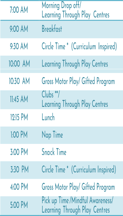 7:00 AM   Morning Drop off/   Learning Through Play   Centres   9:00 AM   Breakfast   9:30 AM   Circle Time *   (Curriculum  Inspired)   10:00   AM   Learning Through Play Centres   10:30   AM   Gross Motor Play/ Gifted Program   11:45 AM   Clubs **/    Learning Through Play Centres   12:15 PM   Lunch   1:00 PM   Nap Time   3:00 PM   Sna ck Time   3:30   PM   Circle Time *   (Curriculum Inspired)   4:00 PM   Gross Motor Play/ Gifted Program   5:00 PM   Pick up Time /Mindful Awareness/   Learning   Through Play  Cent res